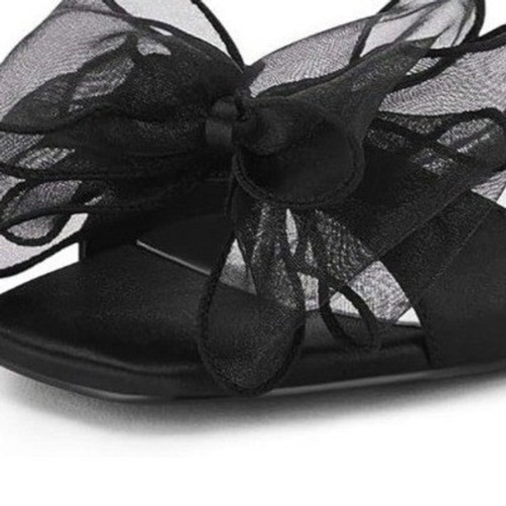 Black Satin Organza Bow Kitten Heels Ankle Tie Evening Sandals Square‎ Toe 6.5 - Picture 5 of 10
